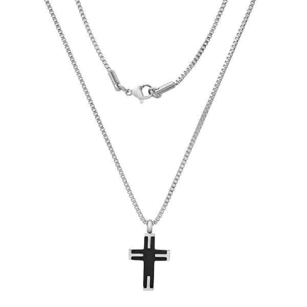 24" Men's two tone black ip & stainless steel textured small cross pendant