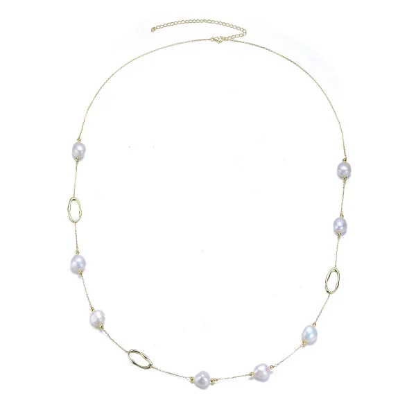 Classy Sterling Silver 14K Gold Plated Station Necklace with Freshwater Pearls, a refined and versatile piece for all occasions.